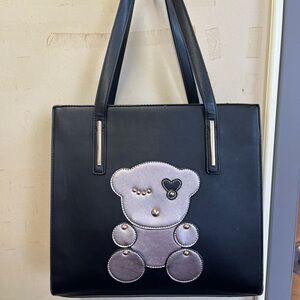 Black Tote with Teddy Appliqué and Gold Studs